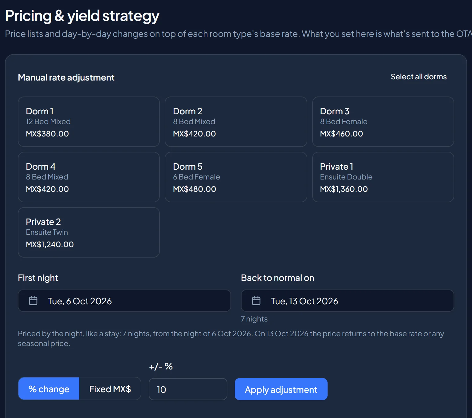 Pricing: choose room types and dates, then change the price by a percentage or to a fixed amount